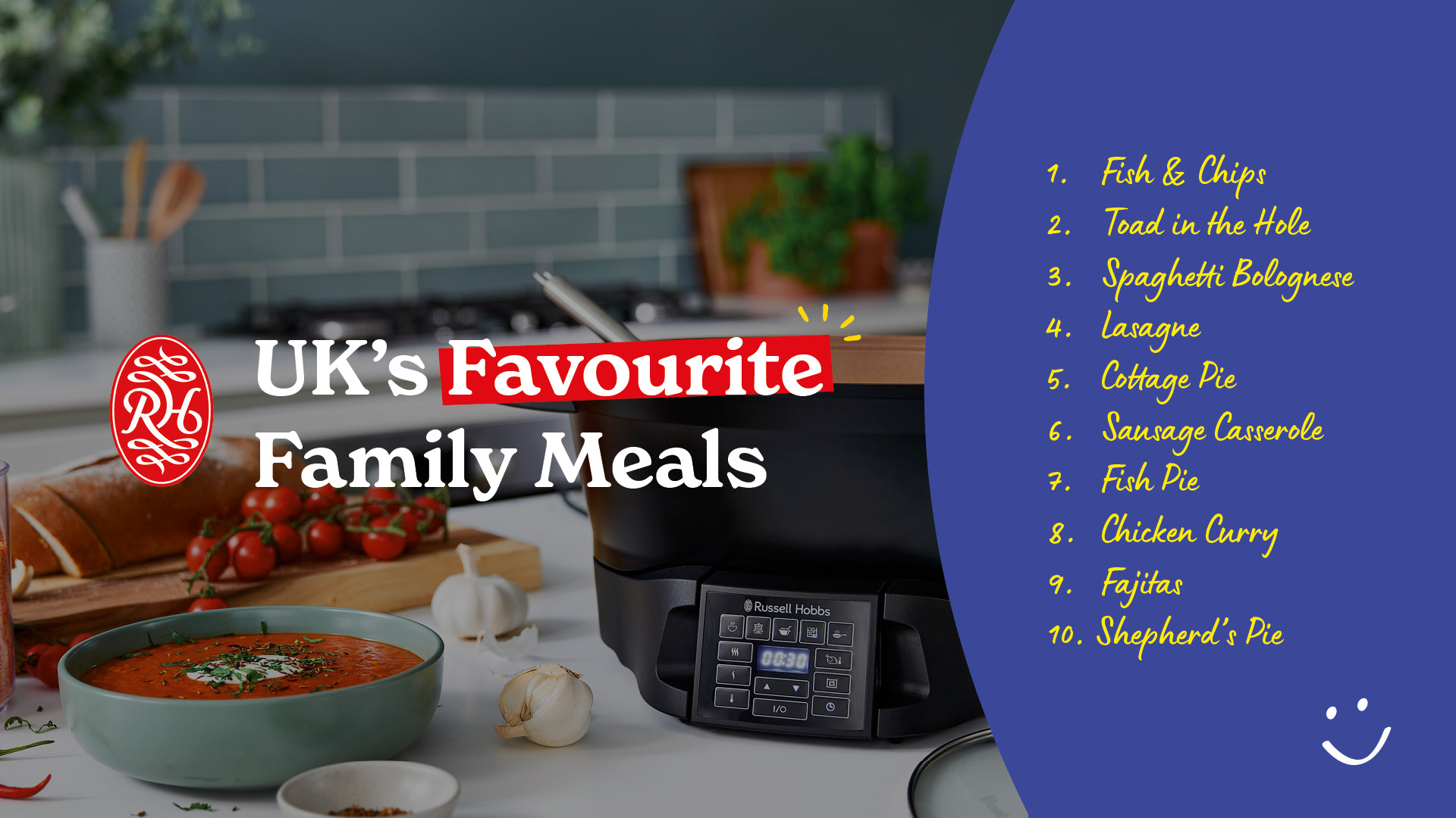 UK's favourite family meals. Including 1. Fish & Chips, 2. Toad in the hole, 3. Spaghetti bolognese